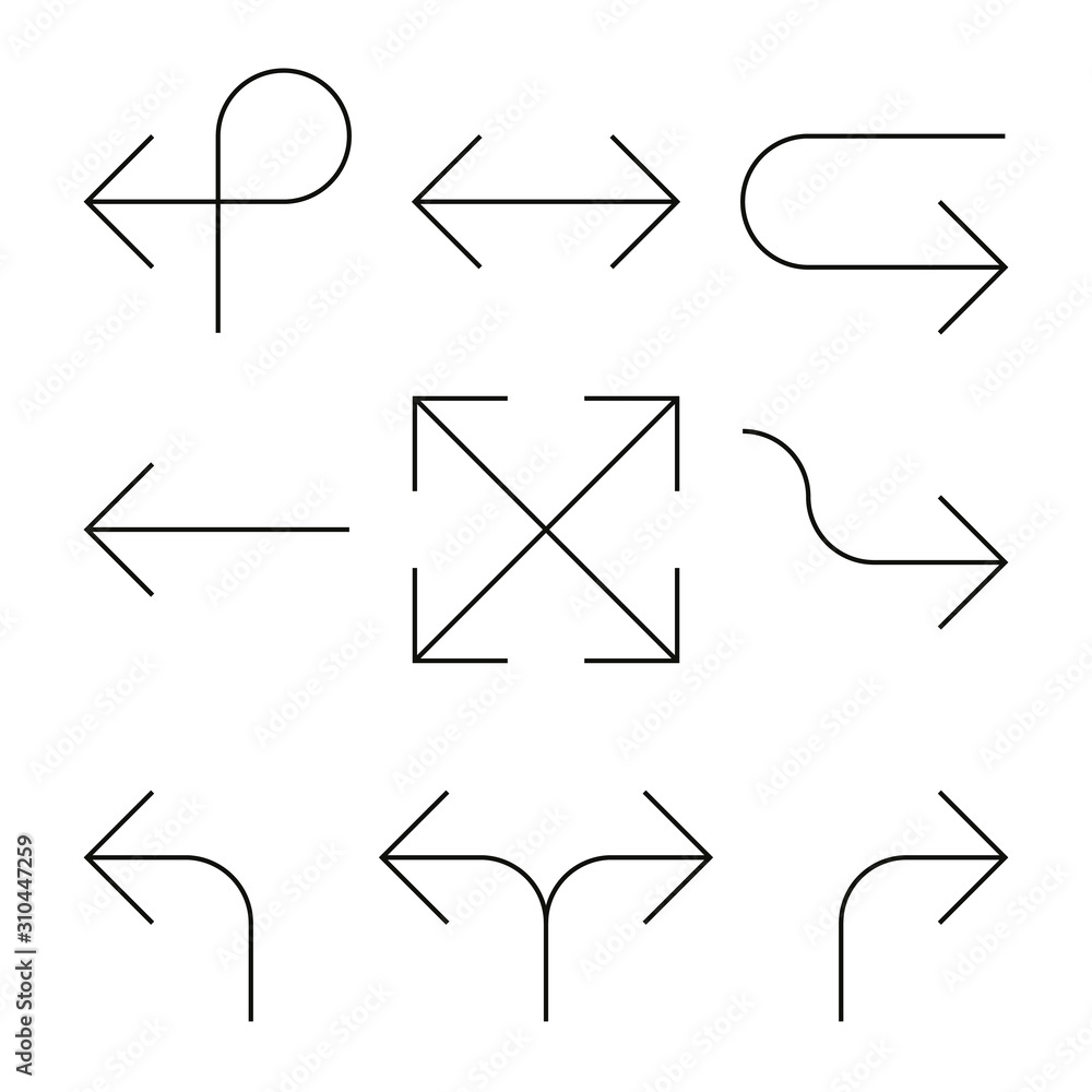 Poster set of arrows. simple thin black line arrow design. flat vector icons