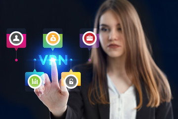 Business, Technology, Internet and network concept. Young businessman working on a virtual screen of the future and sees the inscription: VPN