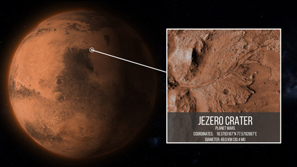 Jezero crater of the planet Mars geographical location and coordinates illustration, elements of this image furnished by NASA © mkarco