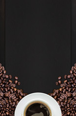 hot coffee and bean on wooden background. top view