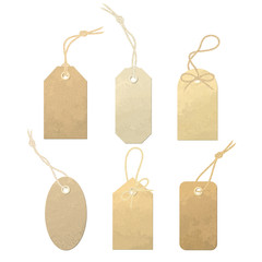 Set of vector carton labels with various linen string tying. Tags tied with knots and bows of realistic, detailed linen thread illustration.