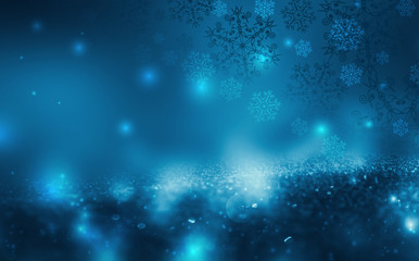 Fototapeta na wymiar Brilliant festive winter background with neon glow. Falling snowflakes, blurry lights. Magic particles