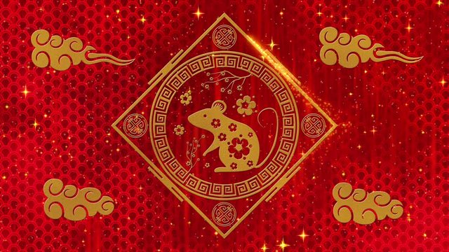 Lunar New Year, Spring Festival background with golden rat, sakura, glittering silk dragon pattern. Chinese new year red paper backdrop for holiday event. 3D rendering animation. Seamless loop 4k