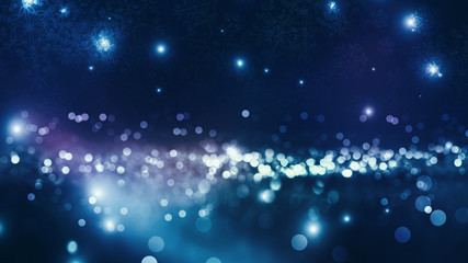 Brilliant festive winter background with neon glow. Falling snowflakes, blurry lights. Magic...