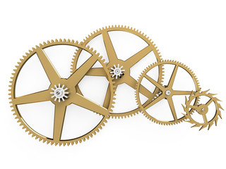 Watchmaking main gear train with brass central wheel, 3d wheel, 4th wheel, escapement wheel and steel polished pinions
