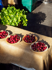 Wide vertical view of multiple plates of freshly-picked black cherries for sale on plates at an outdoors market. London, United Kingdom. Travel and local fruits. - 310449655