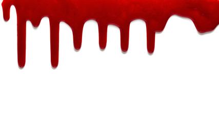 Flowing blood isolated on white background. Liquid red paint dripping.