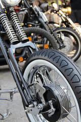 Fototapeta na wymiar Whiteside Tire Of Classic Chopper Motorcycle At The Moto Show