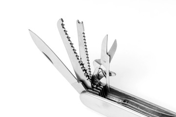 silver folding multifunction knife on white background
