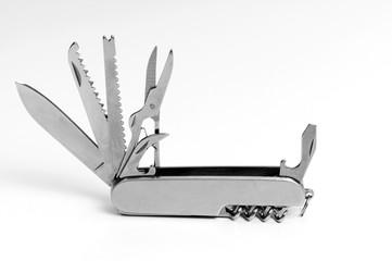 folding multi-function knife close-up on white background