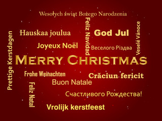 Merry Christmas in golden text in different languages
