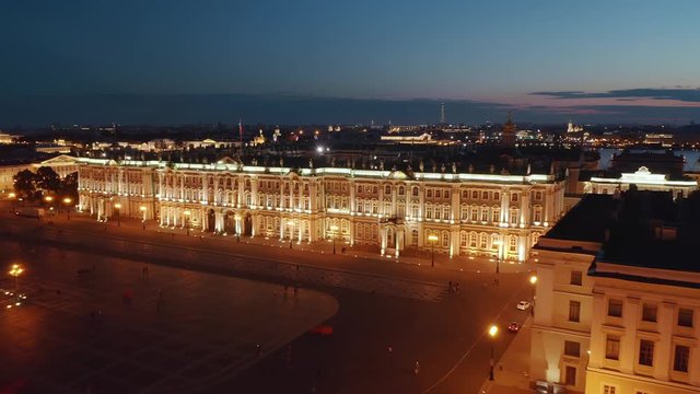 Evening aerial photography of Palace Square and the Winter Palace in St. Petersburg. Hermitage.