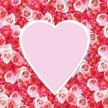 Creative composition, valentine with a picture of a heart on a background of roses.