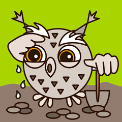 Emoticon with a tired owl farmer, who is standing on a dug up field, leaning on a shovel and wiping sweat from his forehead