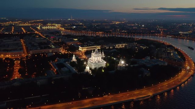 Aerial view of night St. Petersburg and Smolny Cathedral.
