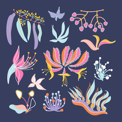 Obraz premium Set of flat vector exotic flowers and plants for design.Hand drawn botanical collection to create pattern,fabrics,prints,wallpapers,invitations design and others.