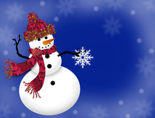 Graphic Illustration of Snowlady isolated on blue background with snowflakes.  Dressed for cold days wearing knit hat ad scarf.