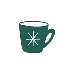 Green coffee mug icon with snowflake in hand drawn, doodle style isolated on a white background.