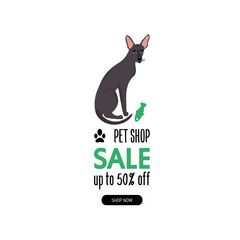Cartoon style icon of oriental shorthair cat. Template design banner or promotion card for traveling with animals. Text 
