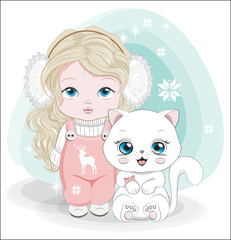 little girl and cat Happy Birthday Winter Card