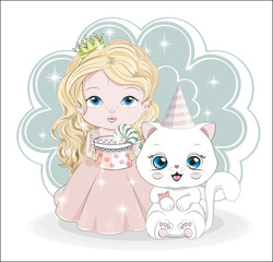 little princess with gift and cat