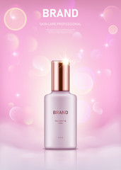 Realistic lotion bottle with golden lid on pastel pink background with bokeh lights. Advertising poster for the promotion of cosmetic skin care premium product