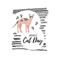 Greeting card with text " World Cat Day". Cute character with lettering. Icon of sphynx breed.