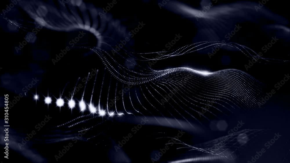 Poster beautiful composition with blue luminous particles form wavy glow structures like in sci-fi or micro