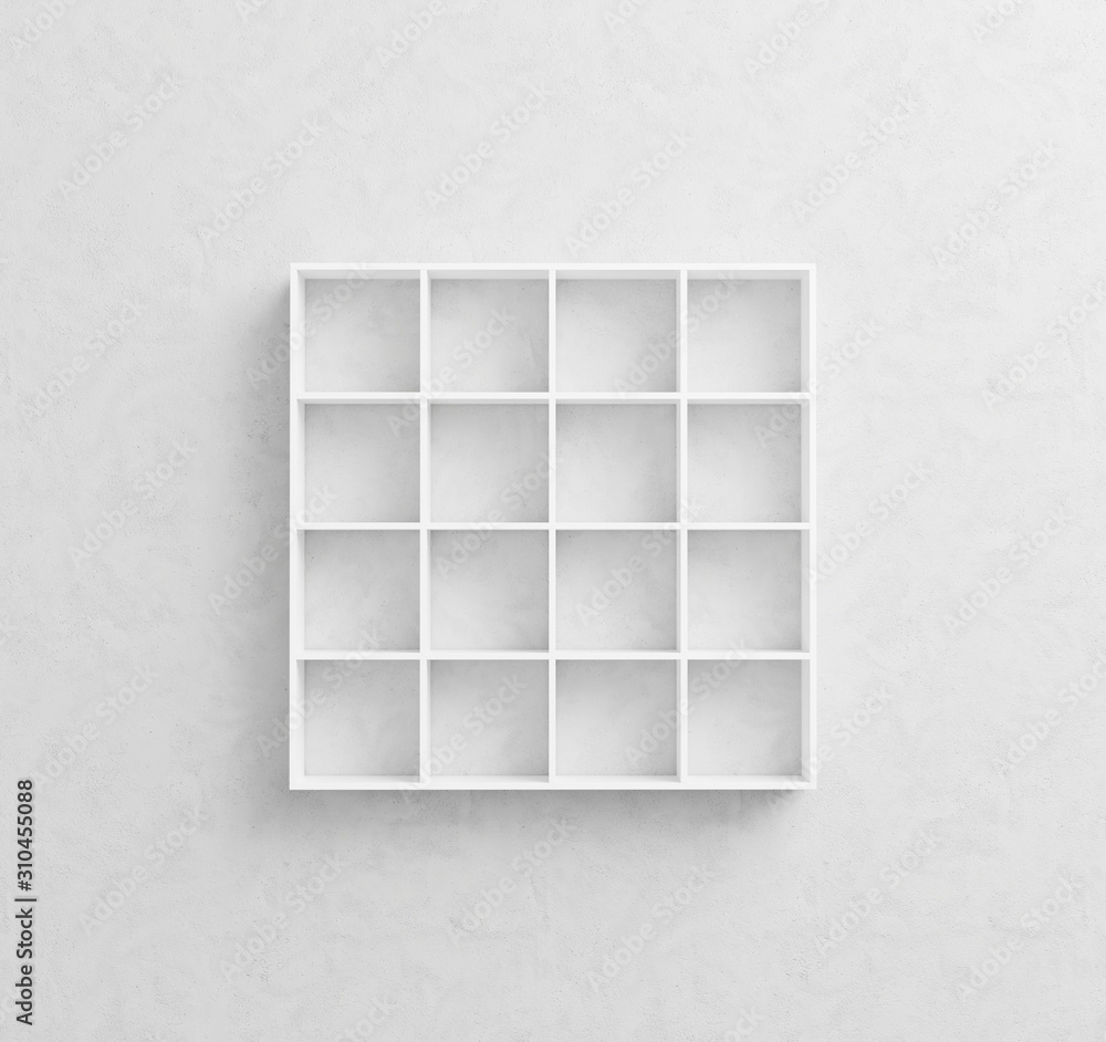 Poster white, empty bookshelf on grey wall, 3d render image
