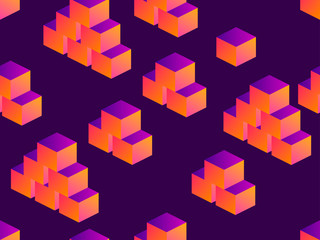 Cubes isometric seamless pattern with gradient on a dark purple background. Vector illustration