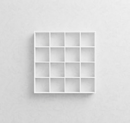 white, empty bookshelf on grey wall, 3d render image