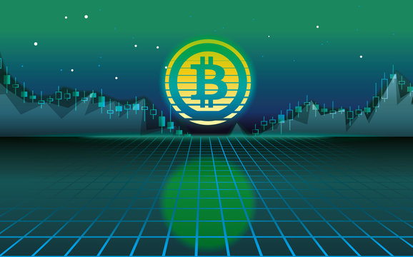 Bitcoin vector illustration. Cryptocurrency bitcoin on dark neon 3D background. 80s background. Free space fotr text.