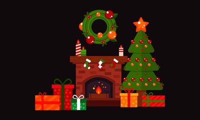 Festive Christmas fireplace tree gift box star - Vector Illustration