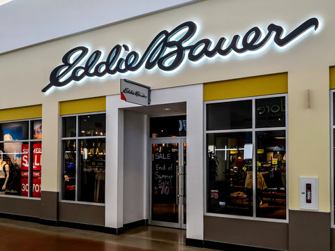 Cookstown, Ontario, Canada - August 4, 2019: Eddie Bauer store in the mall in Barrie, Ontario, Canada. Eddie Bauer is a clothing store operated by American company Eddie Bauer, LLC. 