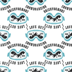 Snowboard pattern background. Winter ski seamless design with snowboarding mask, mountains and quote - I love guys who love snowboarding. Typography wallpaper. Stock isolated