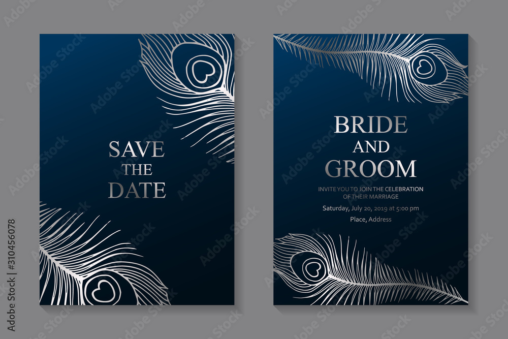 Wall mural Wedding invitation design or greeting card templates with silver peacock feathers on a navy blue background.