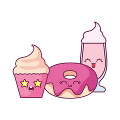 Kawaii milkshake donut and cupcake cartoon vector design