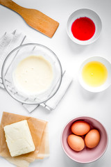 cooking pancake on white background top view ingredients for making