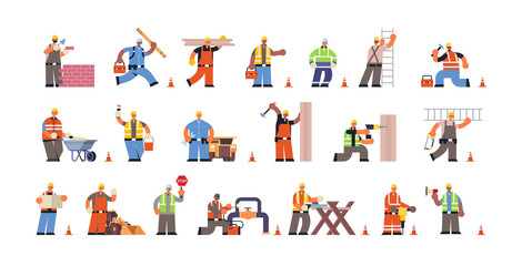 set male builders with professional equipment during different building activity busy construction workmen in uniform flat full length horizontal vector illustration © mast3r