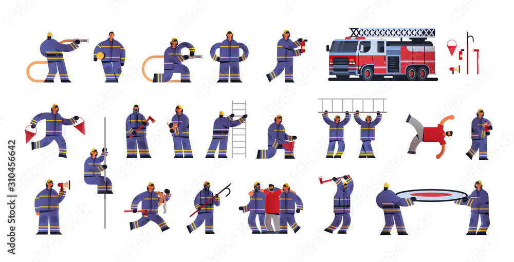 Wall mural set brave firemen in different poses firefighters wearing uniform and helmet firefighting emergency service extinguishing fire concept flat white background full length horizontal vector illustration