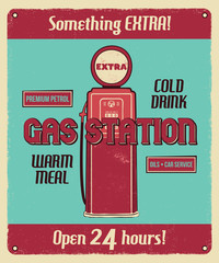 Gas station service vintage poster with retro gas pump and texts. Car service, auto parts and mechanic on duty, transport maintenance and repairing brochure. Garage station for automobiles.