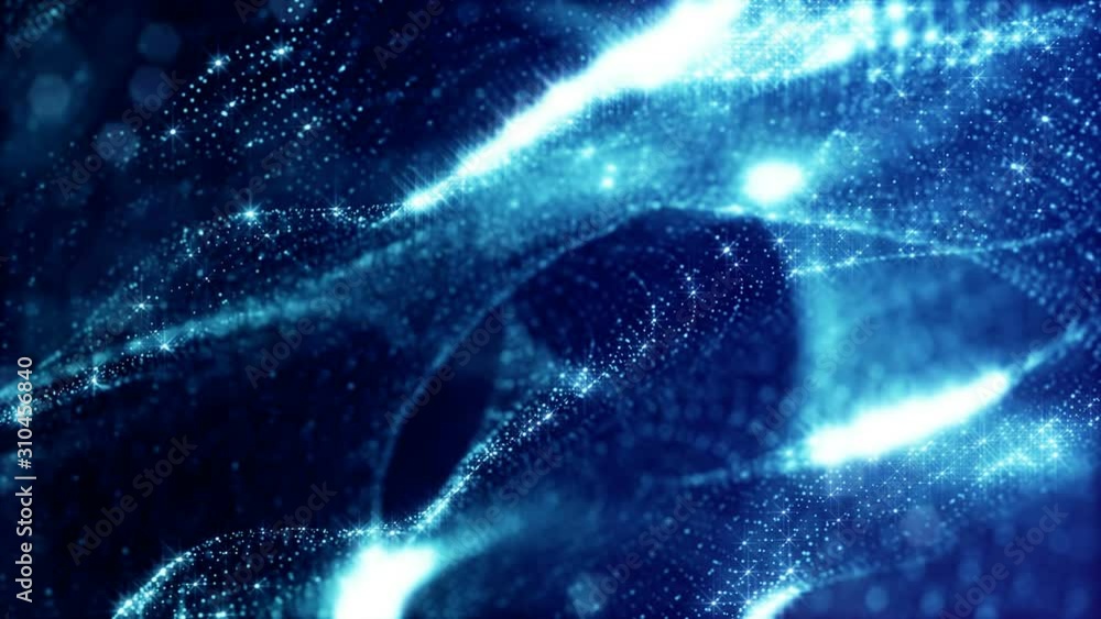 Poster beautiful composition with blue luminous particles form wavy glow structures like in sci-fi or micro