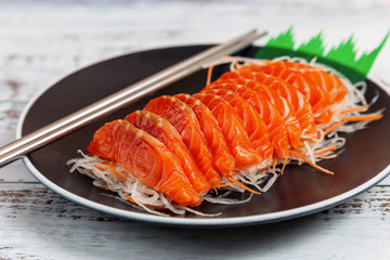  salmon Cut fillets on a plate ready to eat.