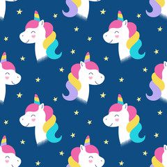 Seamless cute pattern, unicorn magic head, little horse, print design, wrapping, fabric, wallpaper. Vector illustration for children on a blue background.