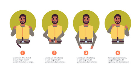 set guidance from steward african american flight attendant explaining instructions with life vest in emergency situation step by step safety demonstration concept portrait horizontal copy space