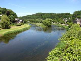 Fototapeta na wymiar river semois with a green forest in the background in the belgian ardennes in springtime