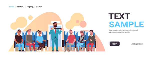 steward explaining for mix race passengers how to use seat belt fastening african american flight attendant in uniform safety demonstration concept airplane board interior horizontal copy space vector