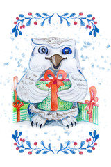 Illustration of owl with gifts. Watercolor painting. Watercolor owl on white background. Winter illustration.