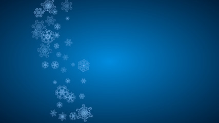 New Year snowflakes on blue background with sparkles. Horizontal Christmas and New Year snowflakes falling. For season sales, special offer, banners, cards, party invites, flyer. White frosty snow