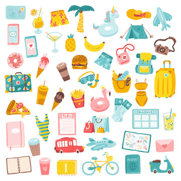 Travel set. Vector stock illustration in simple cartoon style. A variety of colorful tourist objects. Isolated icons for design, logos and stickers on a white background.